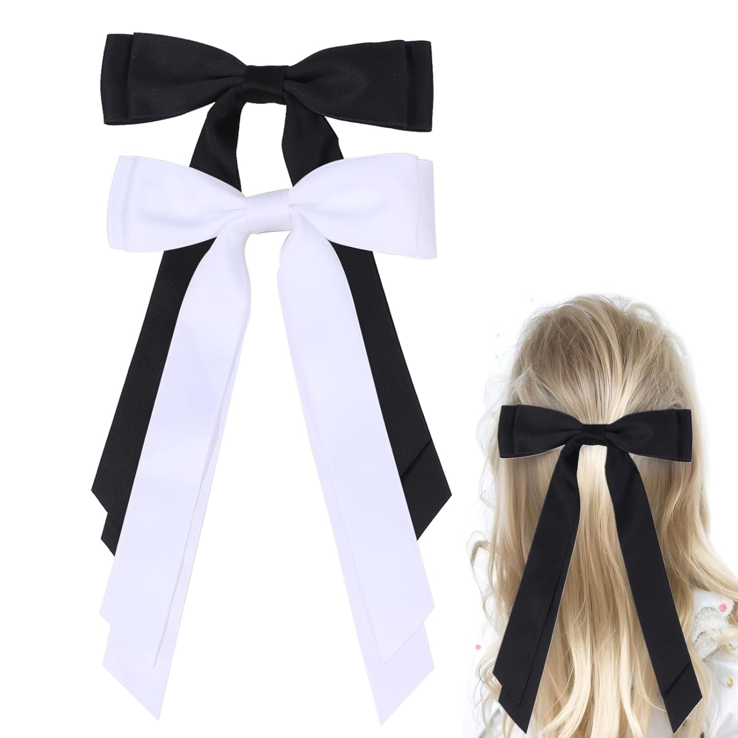 Satin Bow Hair Clips for Women, Silkly Satin Black White Hair Ribbon Bow with Long Tail Hair Accessories for Girls (Black White)