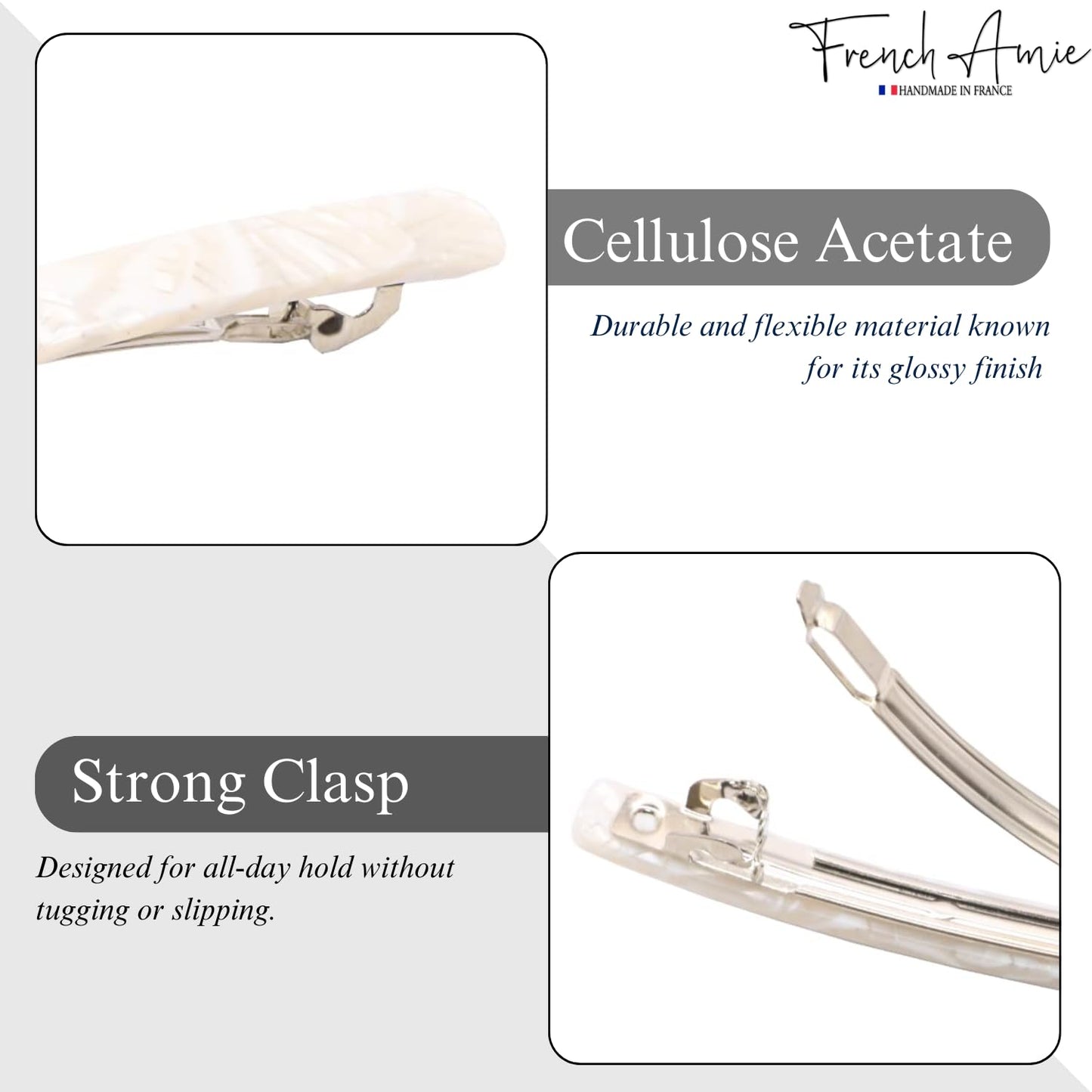 French Amie Long and Thin Frost White Large 4” Handmade Celluloid Automatic Hair Clip Barrette for Women and Girls (Frost White)