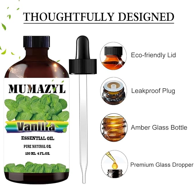 Vanilla Essential Oil, Vanilla Oil 4 Fl Oz 120ML for Diffuser Humidifier Yoga Cleaning DIY Candle Soap Making Essential Oils