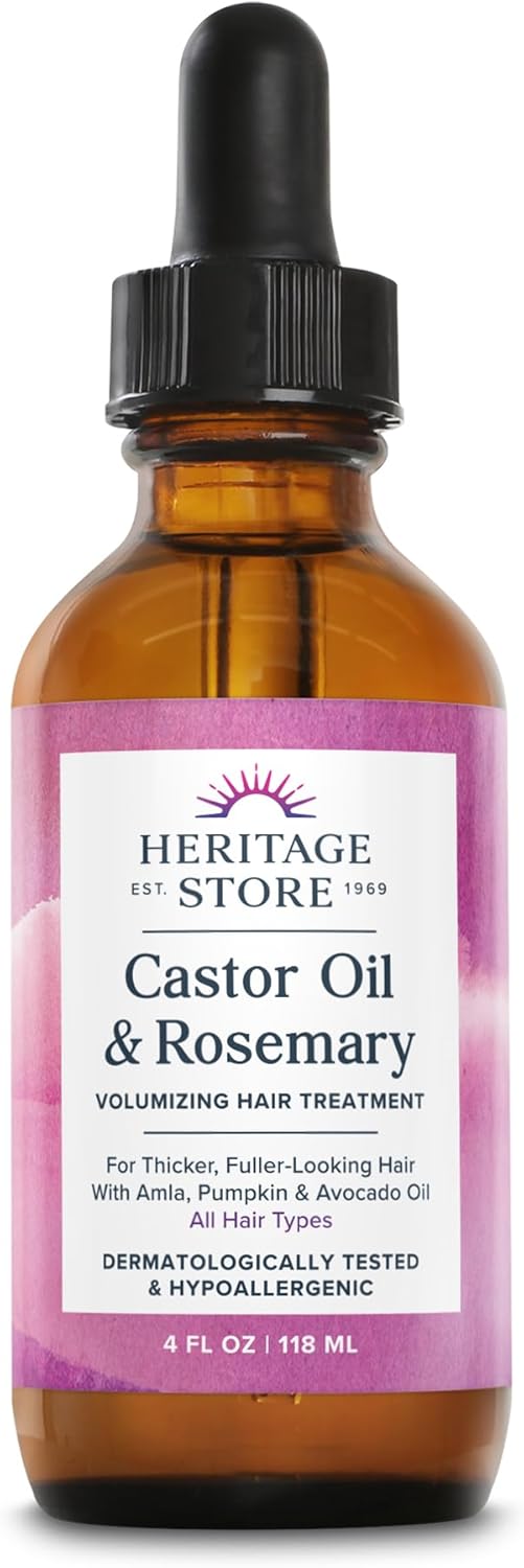 HERITAGE STORE Castor Oil & Rosemary Volumizing Hair Treatment for Fullness and Shine - with Organic Castor Oil, Rosemary, Avocado and Amla, Hypoallergenic, Vegan, Cruelty Free, 60-Day Guarantee, 4oz