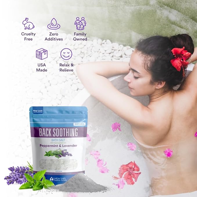 Back Soothing Bath Salt 32 Ounces Epsom Salt with Natural Bergamot, Lavender, Eucalyptus and Peppermint Essential Oils Plus Vitamin C in BPA Free Pouch with Easy Press-Lock Seal