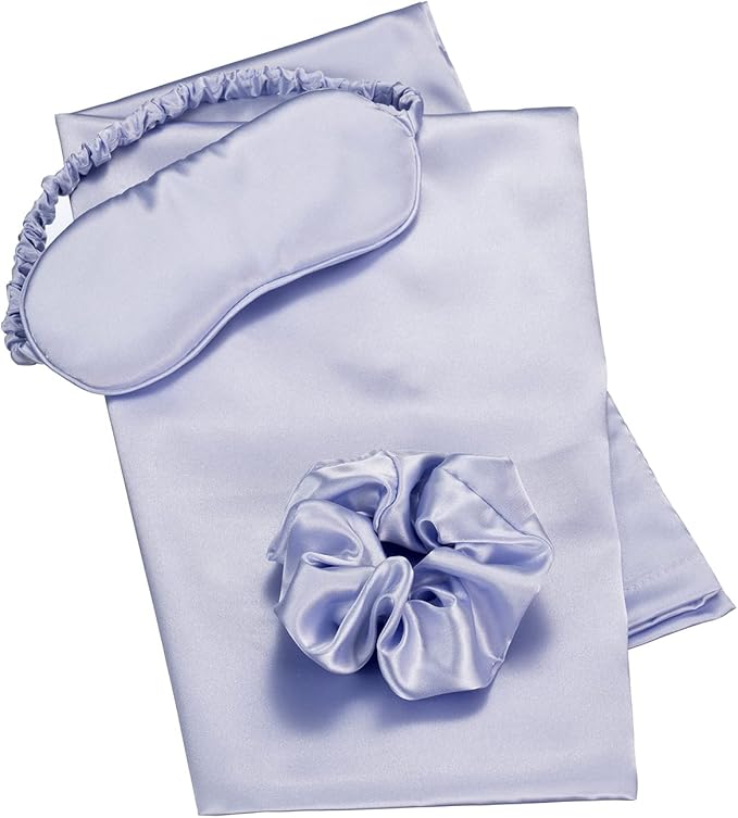 Vegan Silk Sleep Set, Silky Pillowcase with Large Scrunchie and Eye Mask for Hair and Skin, Self Care Essential Satin Night Routine Kit (Purple Color)