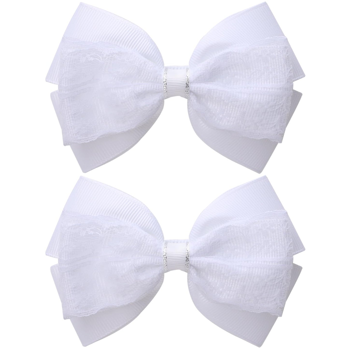 4-Inch Hair Bows Alligator Clips Delicate Lace Hair Accessories for Girls, Toddler, Kids and Women Daily Dress Up Birthday Wedding Christmas Occasions- Set of 2 (White)