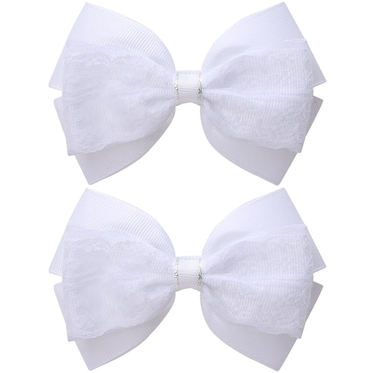 4-Inch Hair Bows Alligator Clips Delicate Lace Hair Accessories for Girls, Toddler, Kids and Women Daily Dress Up Birthday Wedding Christmas Occasions- Set of 2 (White)