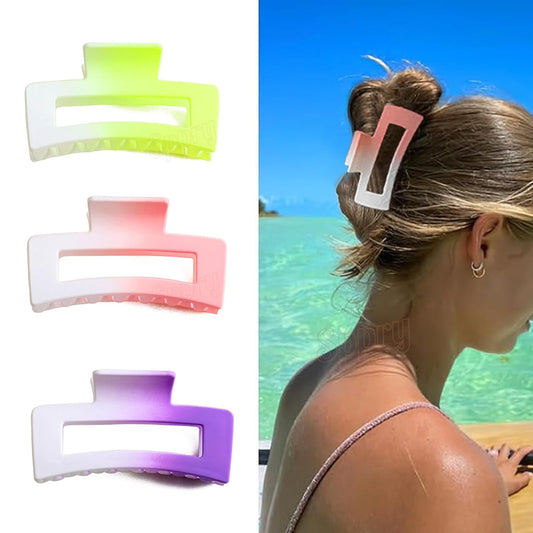 Medium Rectangle Matte Claw Clips for Women Thin Hair, Gradient Color, Set of 3 (Light Pink, Purple & Green)