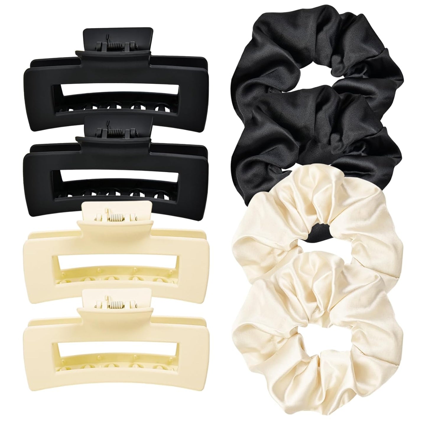 8 Pcs Claw Clips and Hair Scrunchies Set – Square Hair Clips for Women, Medium Non-Slip Matte, Large Satin Scrunchies, Hair Accessories for Thick Thin Hair, Party, Daily Use, Black&Beige