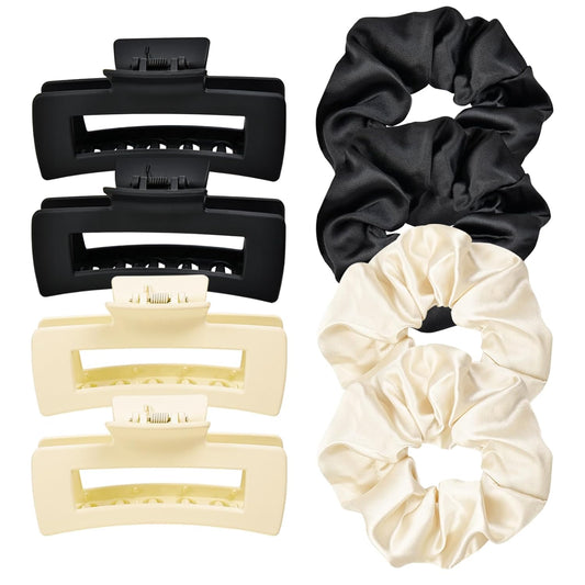 8 Pcs Claw Clips and Hair Scrunchies Set – Square Hair Clips for Women, Medium Non-Slip Matte, Large Satin Scrunchies, Hair Accessories for Thick Thin Hair, Party, Daily Use, Black&Beige