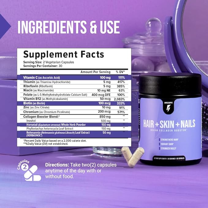 InnoSupps Hair + Skin + Nails Supplement | Vegan Collagen Booster | Biotin, B12, Horsetail Herb Powder | Stimulate Hair Growth, Revitalize Skin, Strengthen Nails | 60 Capsules