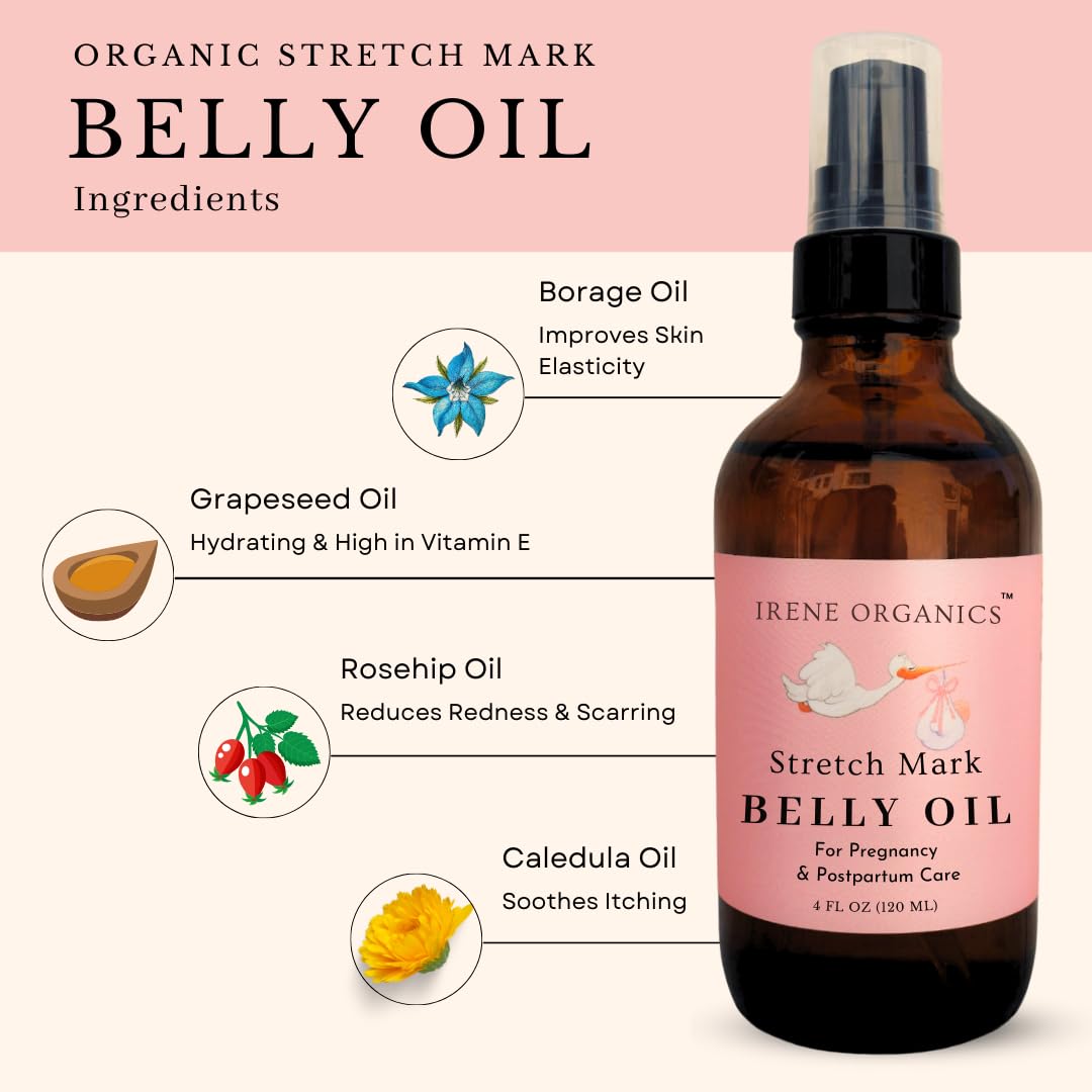 Irene Organics Organic Belly Oil for Pregnancy Stretch Mark Prevention and Treatment Award Winning Anti Stretch Mark Tummy Oil For Pregnancy and Postpartum - Hydrating Bump Serum