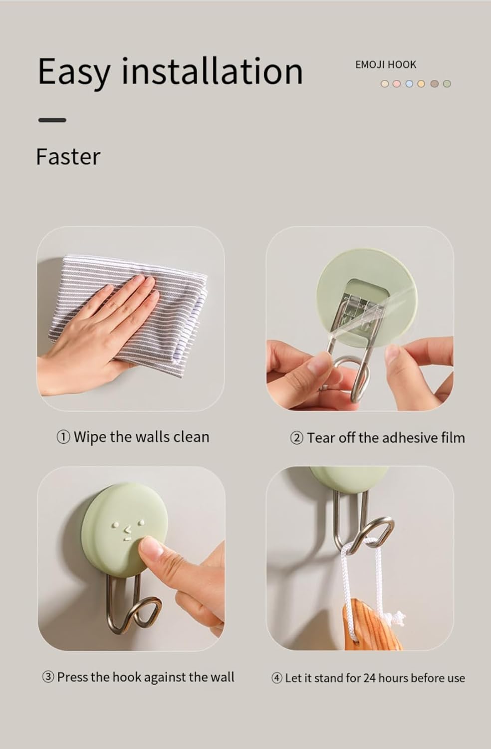 Smiley Face Adhesive Wall Hooks - 11lb/5kg Heavy Duty Hold, No Drill Damage Free Removable Hooks for Kitchen, Bathroom, Dorm - 2 Pack (Cream & Blush)