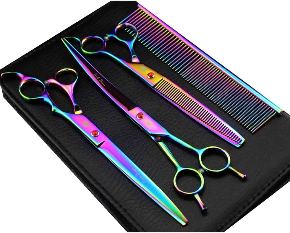 Purple Dragon 8.0 inch Dog Hair Cutting, Curved and Thinning Scissors Shear Pet Grooming Tool Kit