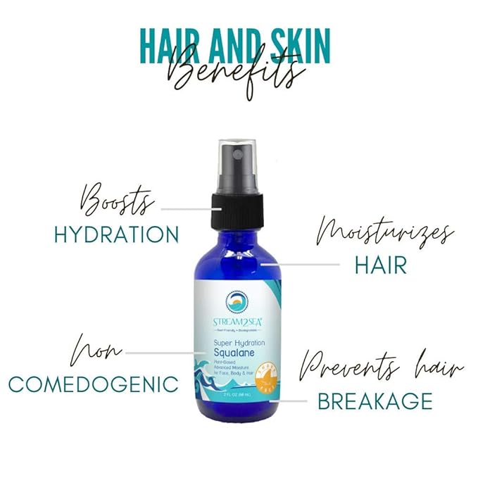 STREAM 2 SEA Squalane Olive Based, Reef Safe Certified Shark Free Plant Based Vitamin E Infused Face Moisturizer and Boosts Collagen Production, Biodegradable Skin and Hair Care, 2 Fl Oz