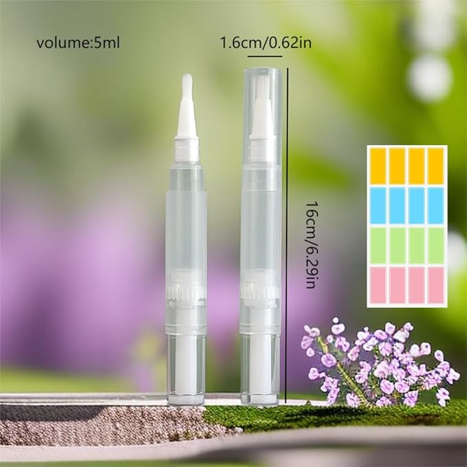 10 Pcs Empty Cuticle Oil Pen Nail Oil Pen Transparent Twist Pens with Brush Tip for Lip Gloss Nail Polish Eyelash Growth Liquid with 16Stickers (5ML)
