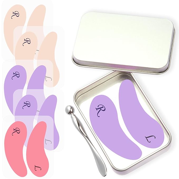 5 Pairs Reusable Under Eye Wrinkle Patches Silicone Mask, Plump Fine Lines & Wrinkles, with Metal Eye Cream Applicator, Tin Case, Purple&Pink&Cream
