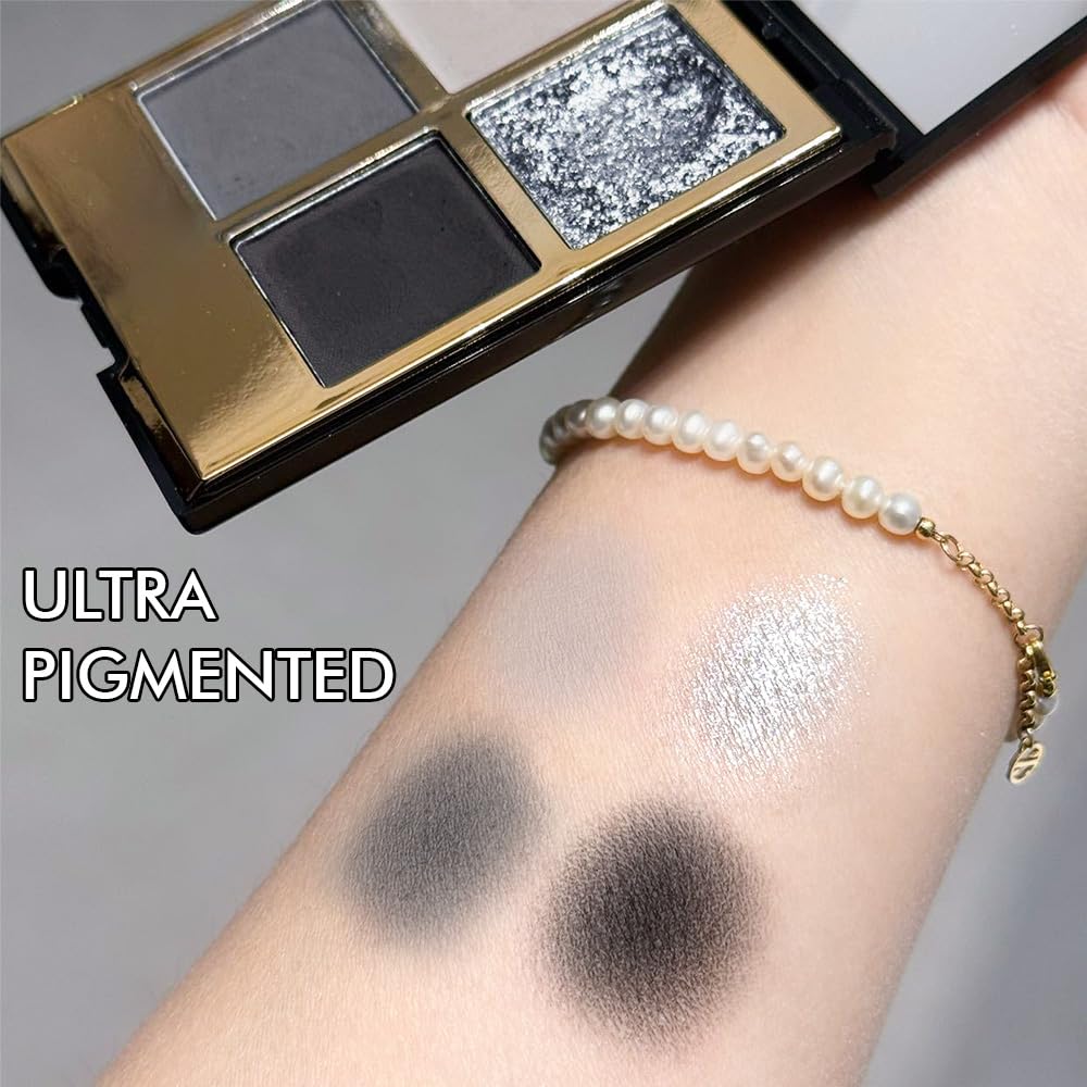 Eyeshadow Quad Makeup Palette – 4 Shades of Black, Gray, Natural, Nude & Smoky Tones, Blendable Matte & Shimmer, Long-Lasting Waterproof, Perfect for Mature & Young Women, with Built-In Mirror 01#