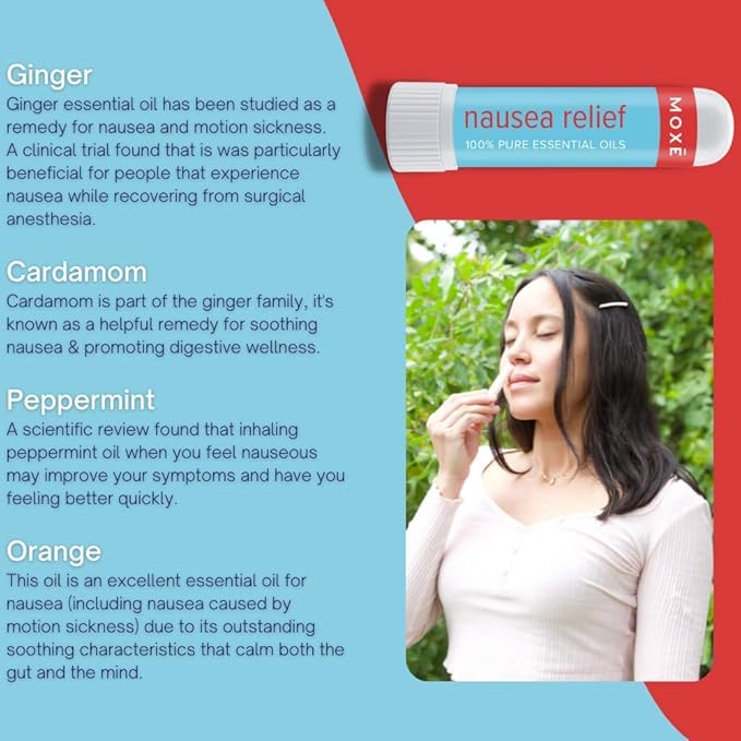 MOXE Nausea Nasal Inhaler Sticks, All Natural Essential Oil Blend, Ginger, Cardamom, Peppermint, Sweet Orange, Upset Stomach, Headaches, Easy-to-Use Portable Aromatherapy, Made in USA, 1 Pack