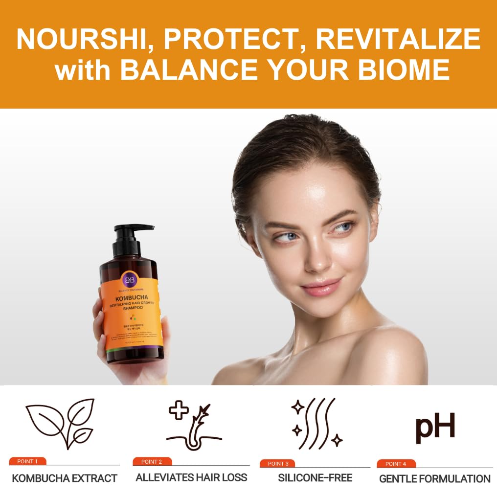 BALANCE YOUR BIOME Kombucha Revitalizing Hair Growth Shampoo,K-Beauty,Scalp pH Balance, for Hair Loss, Fermented Kombucha Extract, Rice, Green Tea, 9 types of Vitamins,16.9 fl.oz.500ml,No Silicone