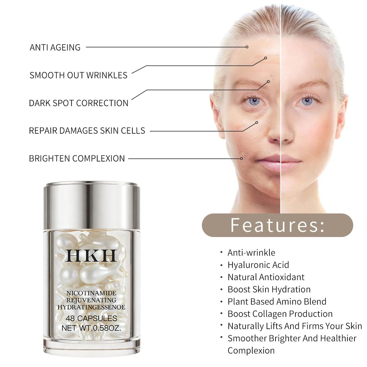 HKH Niacinamide Serum Capsules for Face – Anti Aging, Dark Spot Remover, Hydrating with Hyaluronic Acid & Vitamin E, Reduces Wrinkles and Fine lines, Smoothing and Firming Skin Care,Travel Portable