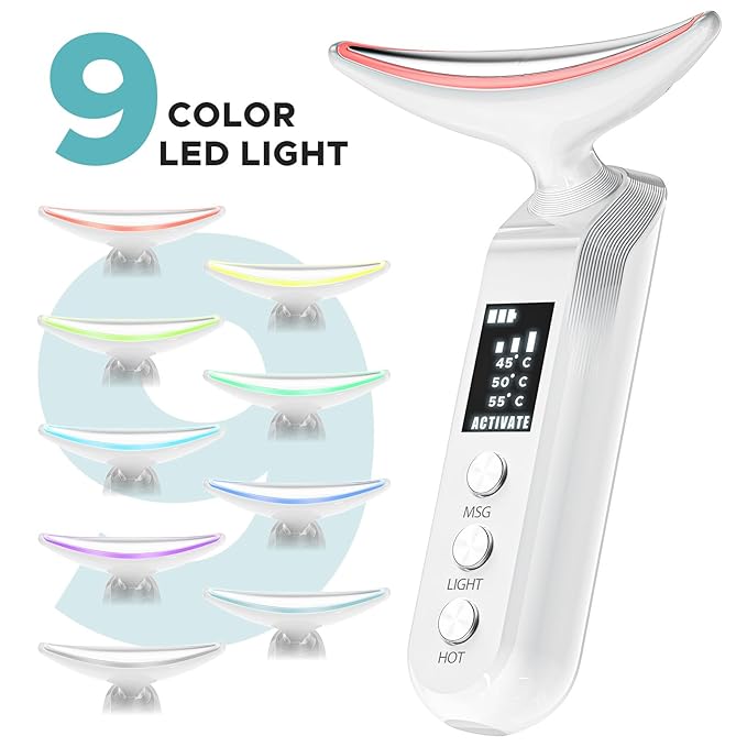 Facial Neck Massager Portable Charging Dock - 3 Heat Settings, Vibrating Face Massage, 9-Color LED Light & 72Hrs Battery | Home Spa Travel Skincare - White