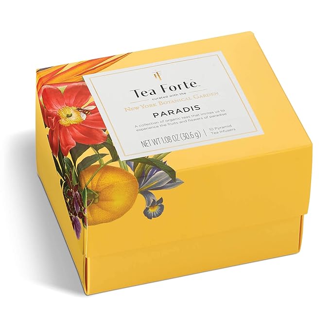 Tea Forte Paradis 3-Piece Mother's Day Tea Gift Set with Mango Yellow Cafe Cup with Lid, Tea Tray and 10 Assorted 2 of Each Variety Organic Handcrafted Pyramid Infuser Tea Bags