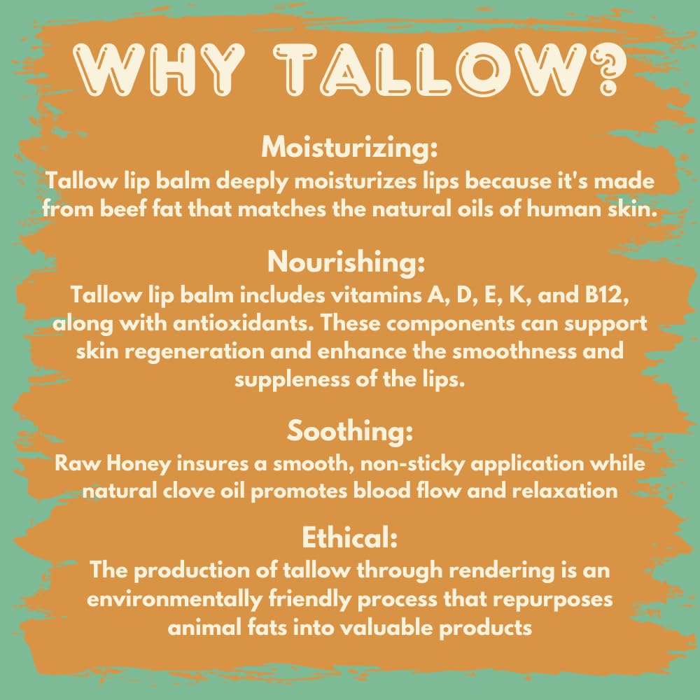 Tallow Lip Balm with Grass-fed and Finished Tallow, Organic Beeswax, Raw Organic Honey and Natural Clove Oil - Handmade With Only 4 Ingredients To Lock In Soothing Moisture (Honey & Clove) - 2 Pack