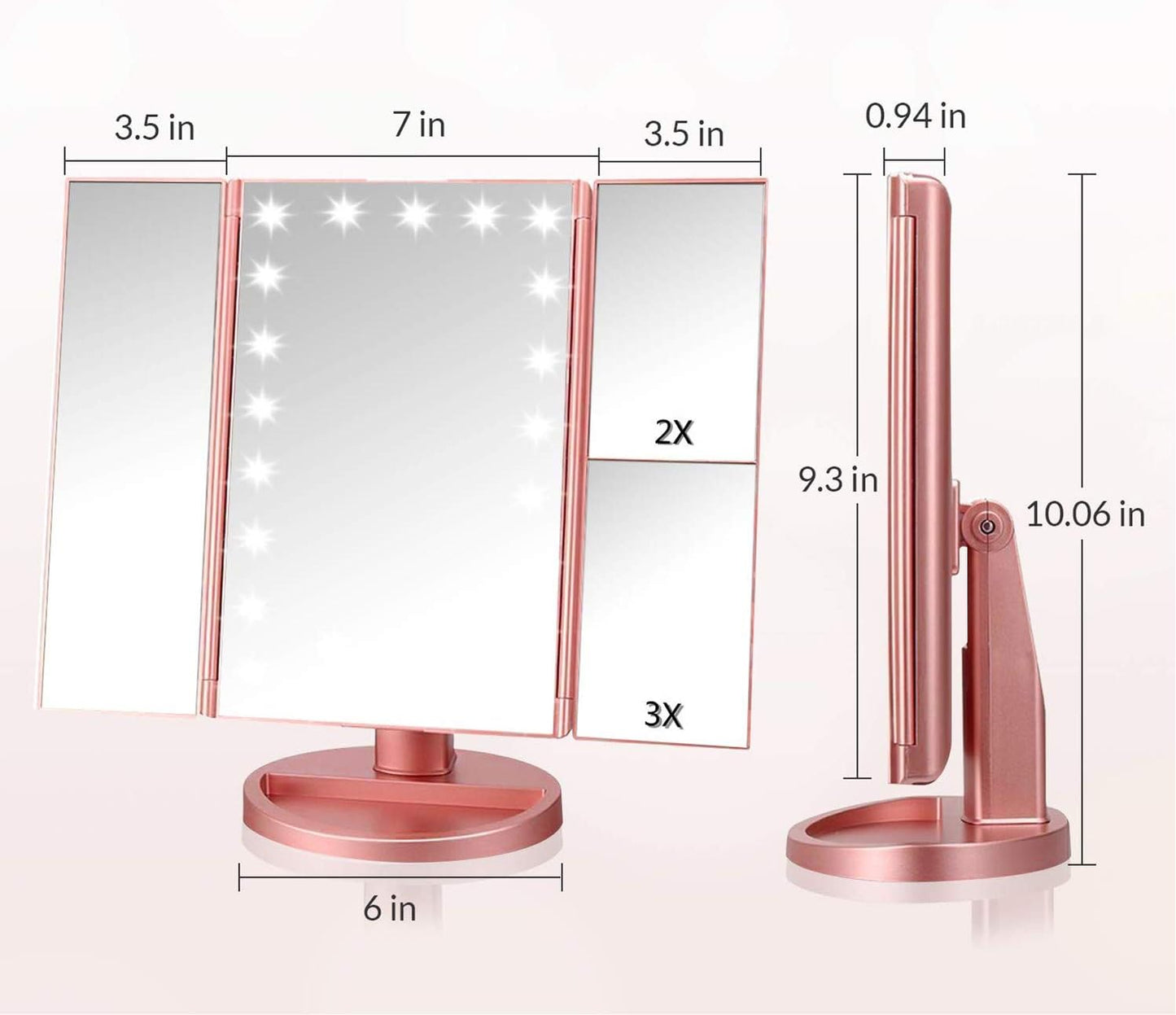 Trifold Makeup Mirror Vanity Mirror with Lights,1X 2X 3X Magnification,Touch Screen,180 Adjustable Rotation,Portable Travel Bathroom Cosmetic Mirror
