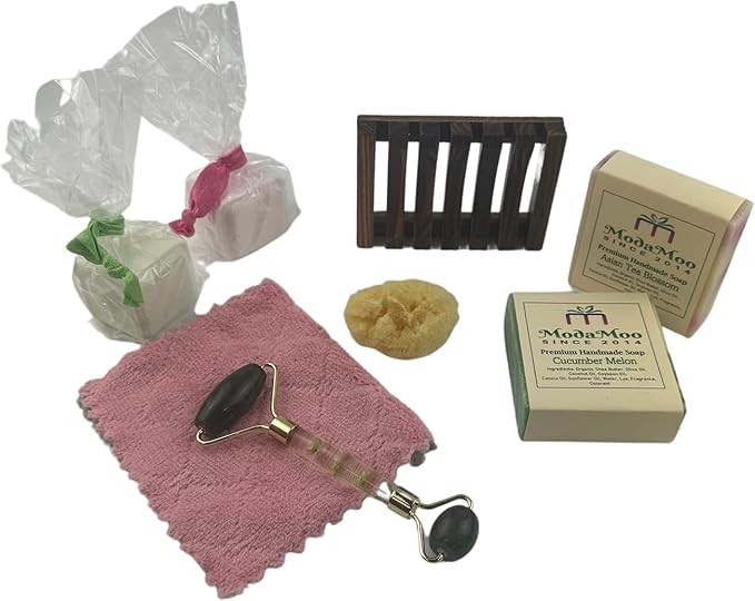 ModaMoo's Day Spa Gift Box Set. Cucumber Melon and Asian Tea Blossom Soaps, Jade Roller, Sea Sponge, and More