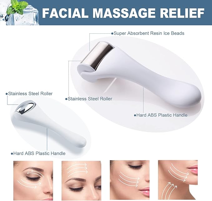 Ice Roller for Body & Face, 2in1 Facial & Eye Massager Roller - Tighten Pores, Migraine & Pain Relief, Eye Puffiness Relief