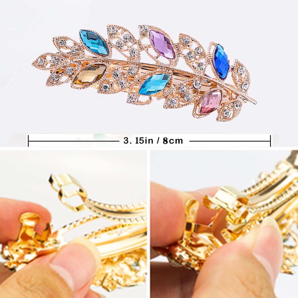 2 Pcs Crystal Rhinestones Hair Clips for Women, Sparkly Glitter Flower Hair Barrettes Metal Spring Hair Pins 8cm, 2-Leaf Multicolor B