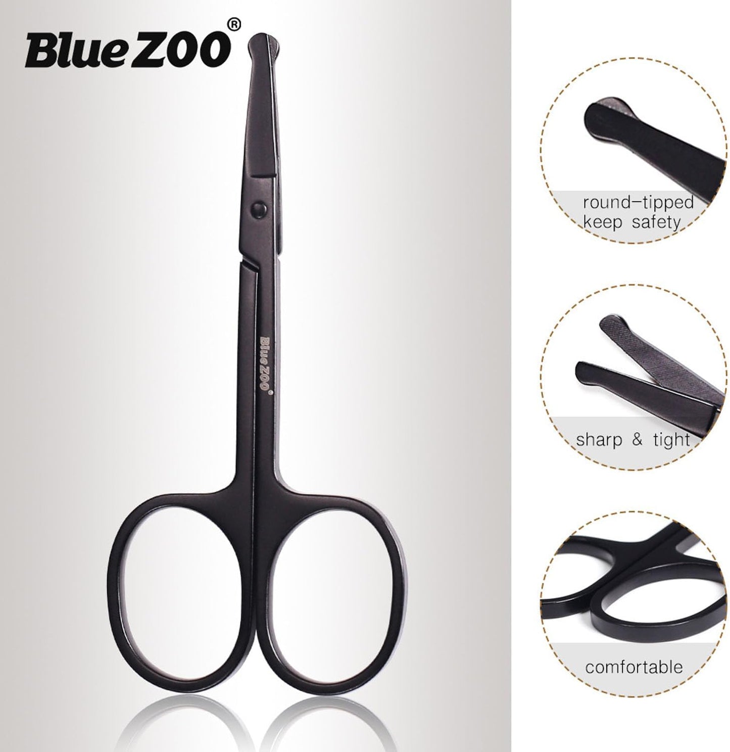 BlueZOO Beard Mustache Scissors and Comb Kit with PU Storage Bag, Rounded Safety Nose Hair Scissor for Men and Women Care Grooming, Ear Trimming Tool, Shears for Personal Grooming, Cutting & Styling