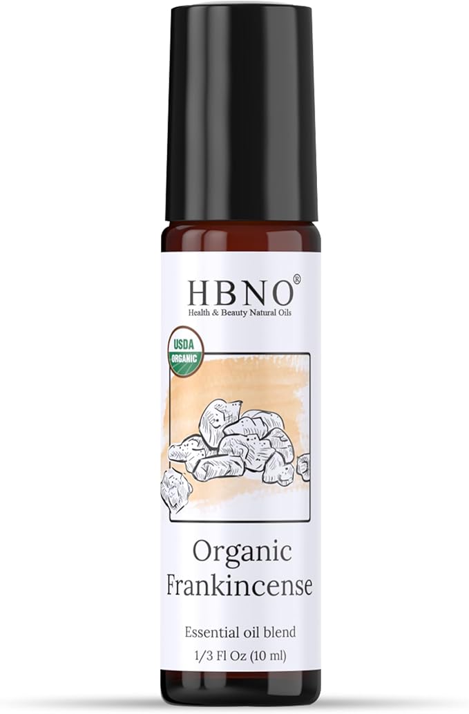 HBNO Organic Frankincense Essential Oil Roll-On - 1/3 oz (10 ml) Travel Size - USDA Certified Organic Frankincense and Mct Oils - Perfect for Traveling, Aromatherapy, Massage, perfumes, moisturizer.