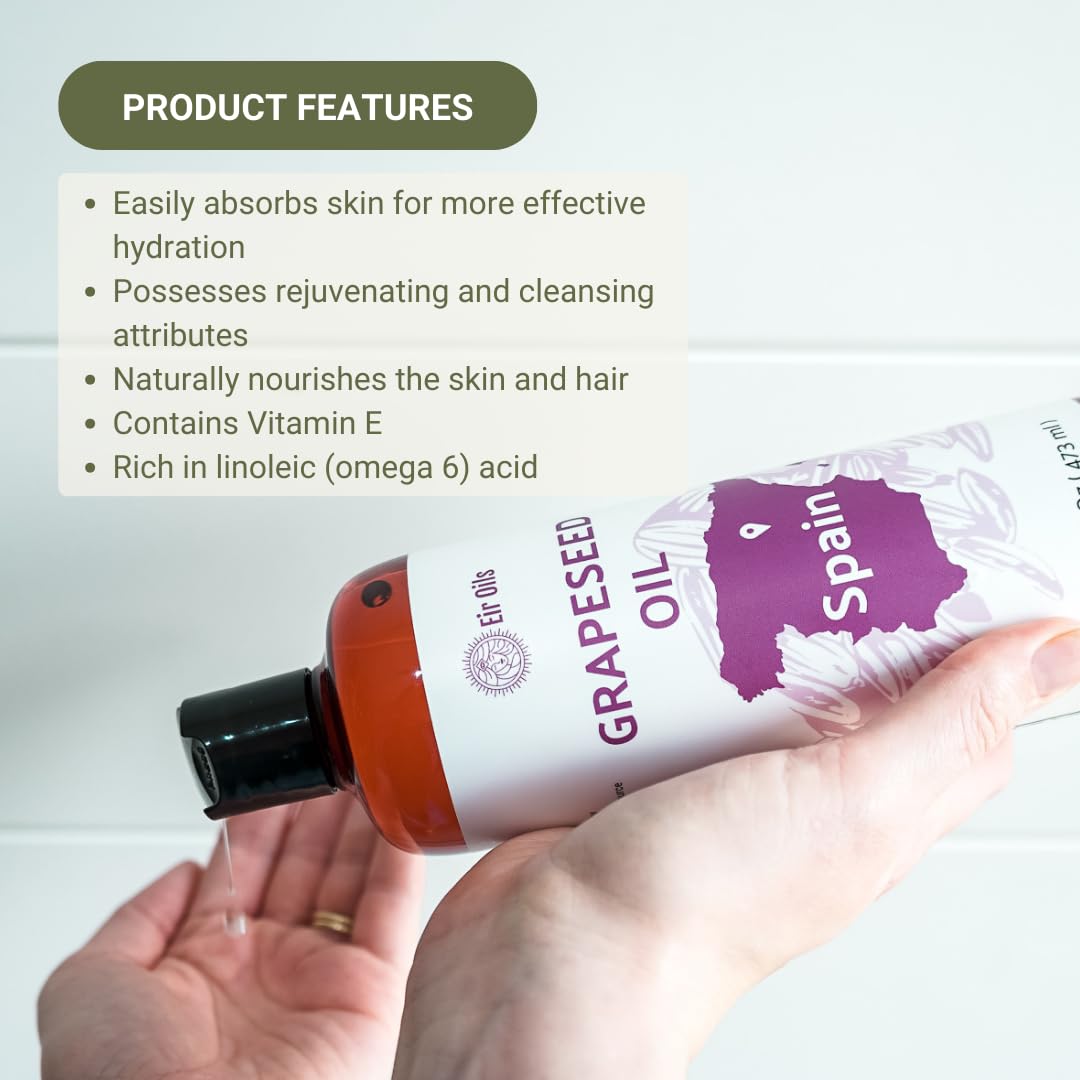 Grapeseed Oil - Pure Grapeseed oil for Skin - 100% Pure Carrier Oil for Hair, Face, and Skin - Direct from EIR Oils in the Beautiful Spanish Countryside (32 oz)