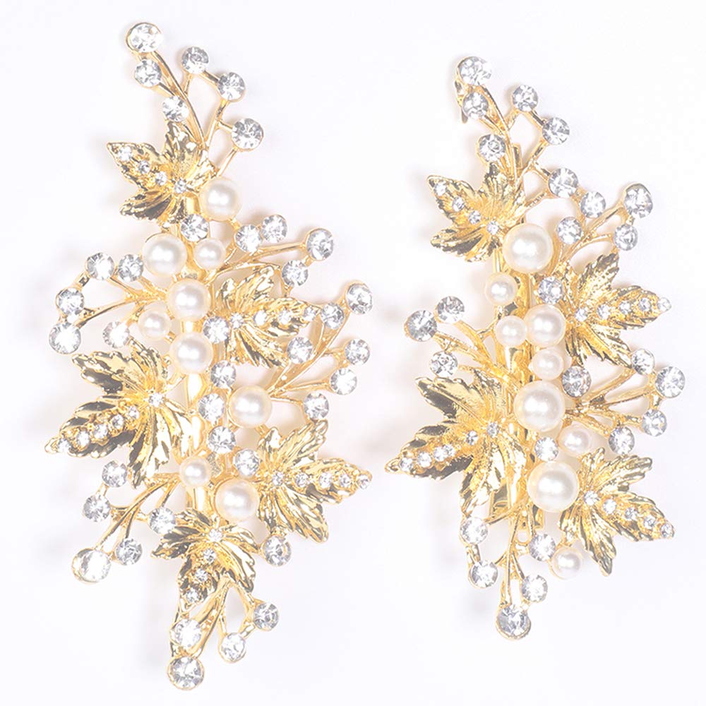Wedding Hair Clips (2 Pcs) - Rhinestone Pearl Hair Accessories for Bridal Women (Gold)