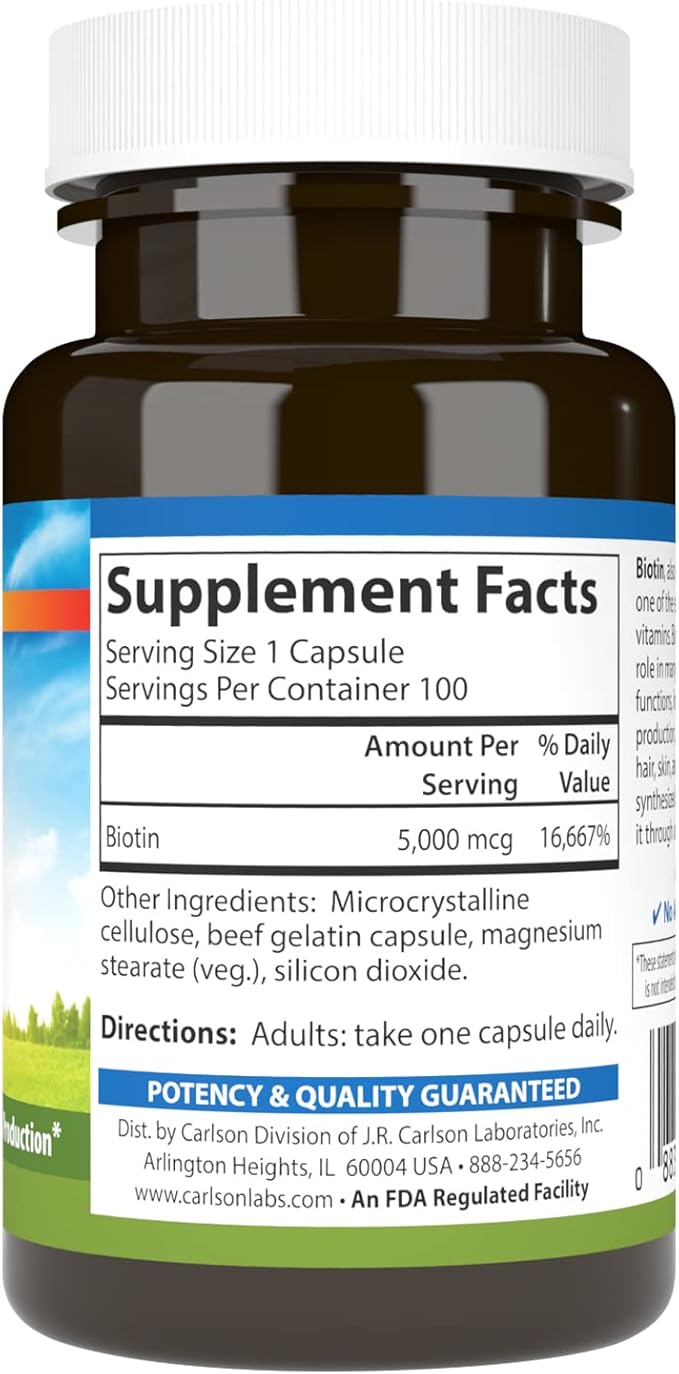 Carlson - Biotin, 5000 mcg, Healthy Hair, Strong Nails & Energy Production, 100 Capsules