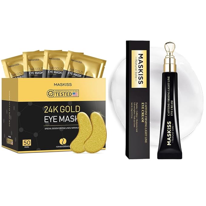 24k Gold Eye Patches (50 Pairs) & Eye Cream For Wrinkles, Eye Masks for Dark Circles and Puffiness, Peptides + Caffeine Anti Aging Eye Cream Reduce Fine Lines and Under Eye Bags