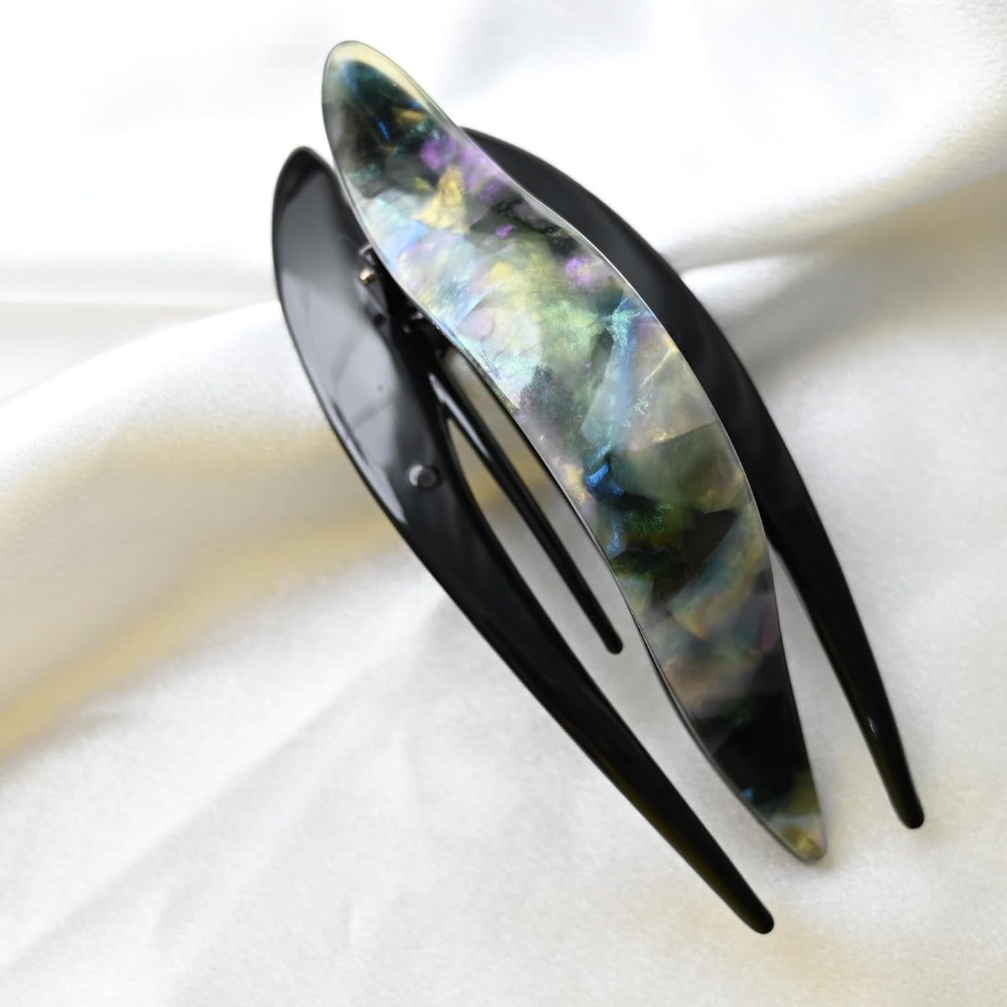 Handmade Celluloid French Design Tortoise Shell Barrettes Side-slide Opening Duck Luxury Fashion Accessories Hair Clip Claw for Women (Aurora green)