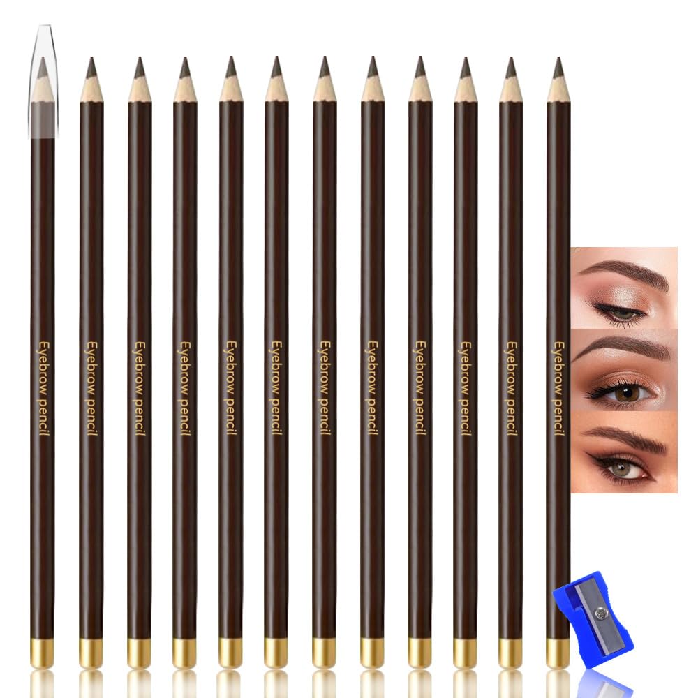 12Pcs Eyebrow Pencils for Women,Wooden Hard-Core Brown Eyebrow and Eyeliner Pencil,Long Lasting Waterproof and Sweat-Proof,Beginner Makeup Brow Pencil,Create a Natural Eye Brow Makeup,Vegan
