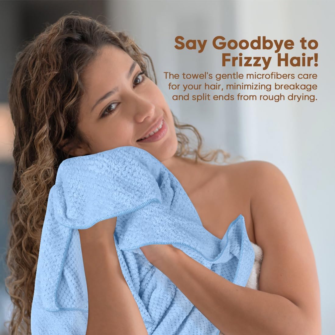 HOMEXCEL Blue Microfiber Hair Towels 5 Pack- 40 x 20 inches Super Soft, Fast Drying Turbans for Long, Thick, Curly Hair - Anti Frizz Wrap with Elastic Strap, Blue/Pink/Grey