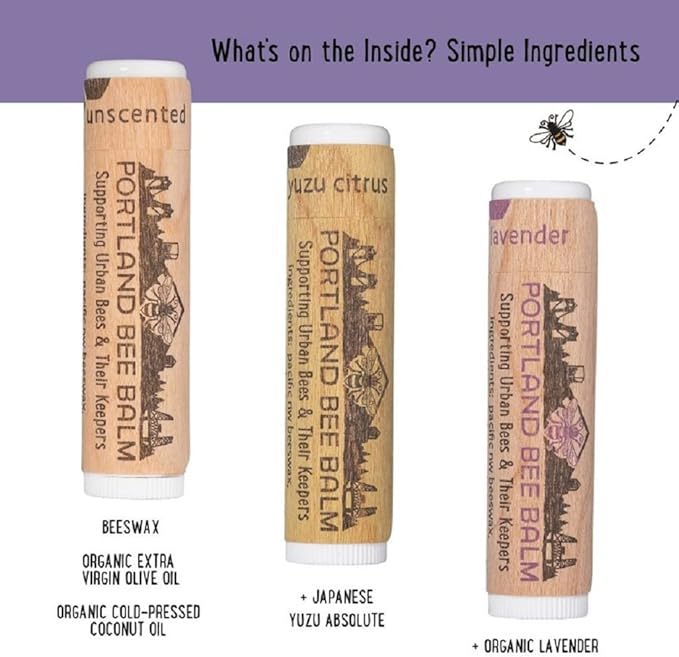 Portland Bee Balm All Natural Handmade Beeswax Based Lip Balm Unscented, Yuzu Citrus and Lavender Assortment 3 Count