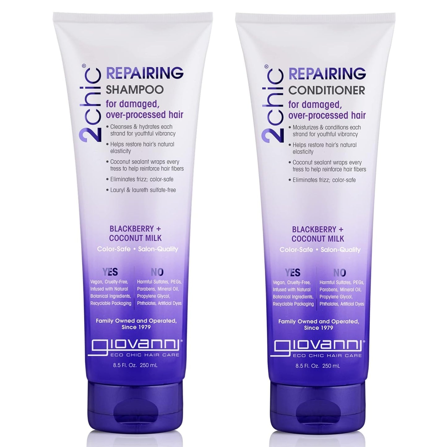 GIOVANNI 2chic Ultra-Repairing Shampoo & Conditioner Set - For Damaged, Over-Processed Hair, Helps Restore Hair's Natural Elasticity, Blackberry & Coconut Oil, Shea Butter, Color Safe - 8.5 oz Each