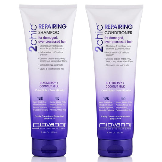GIOVANNI 2chic Ultra-Repairing Shampoo & Conditioner Set - For Damaged, Over-Processed Hair, Helps Restore Hair's Natural Elasticity, Blackberry & Coconut Oil, Shea Butter, Color Safe - 8.5 oz Each