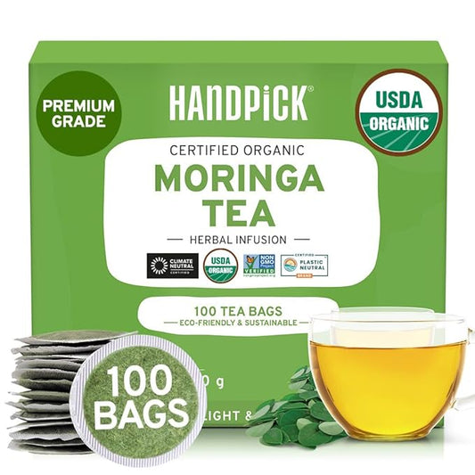 HANDPICK, Organic Moringa Tea Bags (100 Count) Non-GMO, Caffeine Free, Pure Moringa Leaves | Sweet and Light Herbal Tea Bags, Round Eco-conscious Teabags