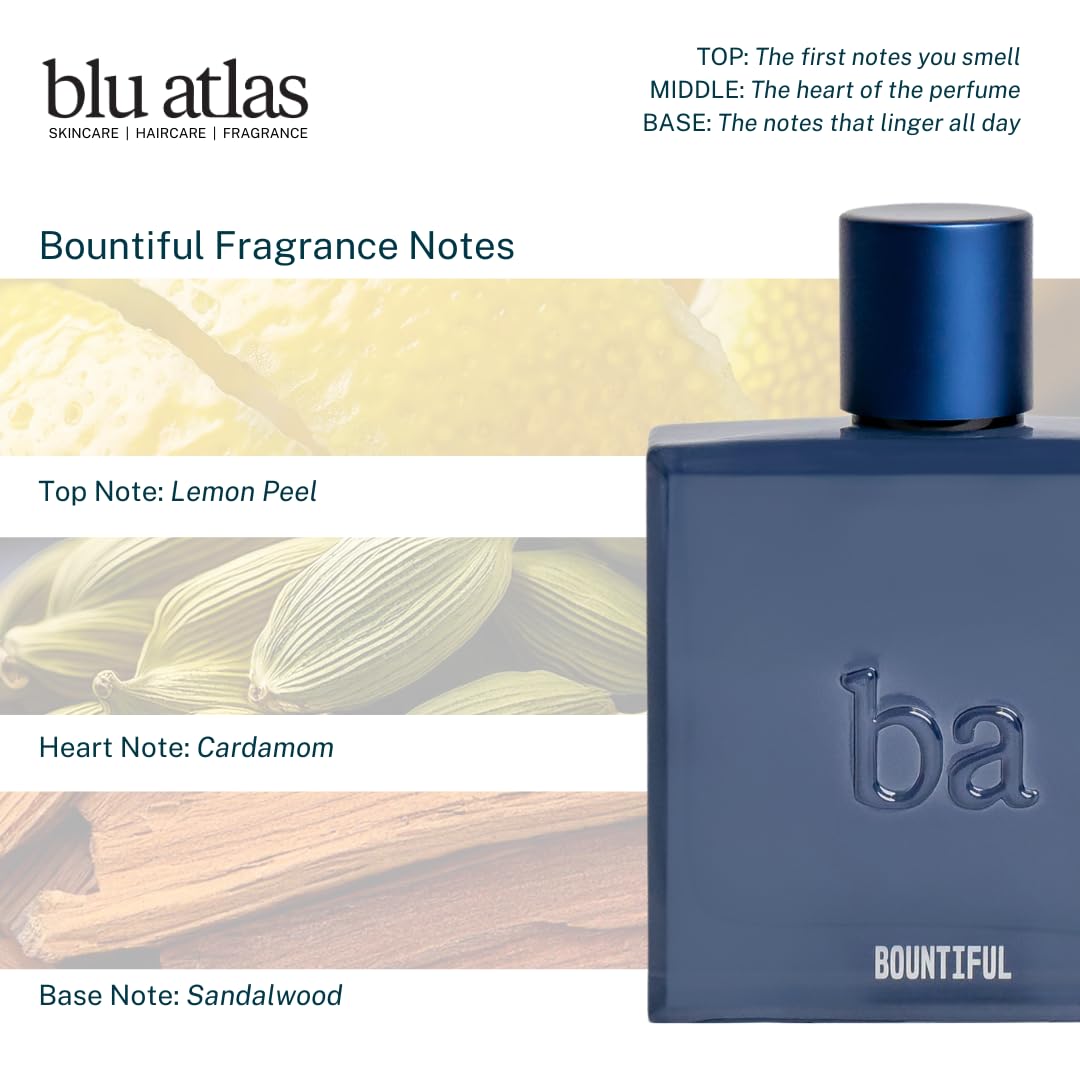 Blu Atlas Bountiful Eau De Parfum for Men- Long-lasting Woody and Floral Cologne With Violet, Oakmoss & Sandalwood, Clean Ingredients- 100 ml Sophisticated Fragrance for Everyday Wear