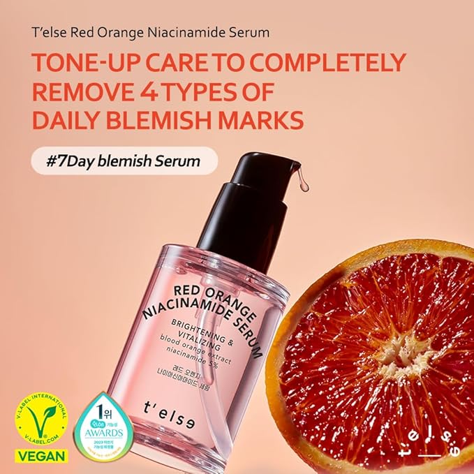 T'else Red Orange Niacinamide Serum 30ml, 1.05 Fl.oz, Blemish and Skin Flaws Improvement, Moisturizing Gel Formula Lotion, Rich Vitamin & Panthenol Facial Care, Smooth Skin Texture, Korean Skin Care