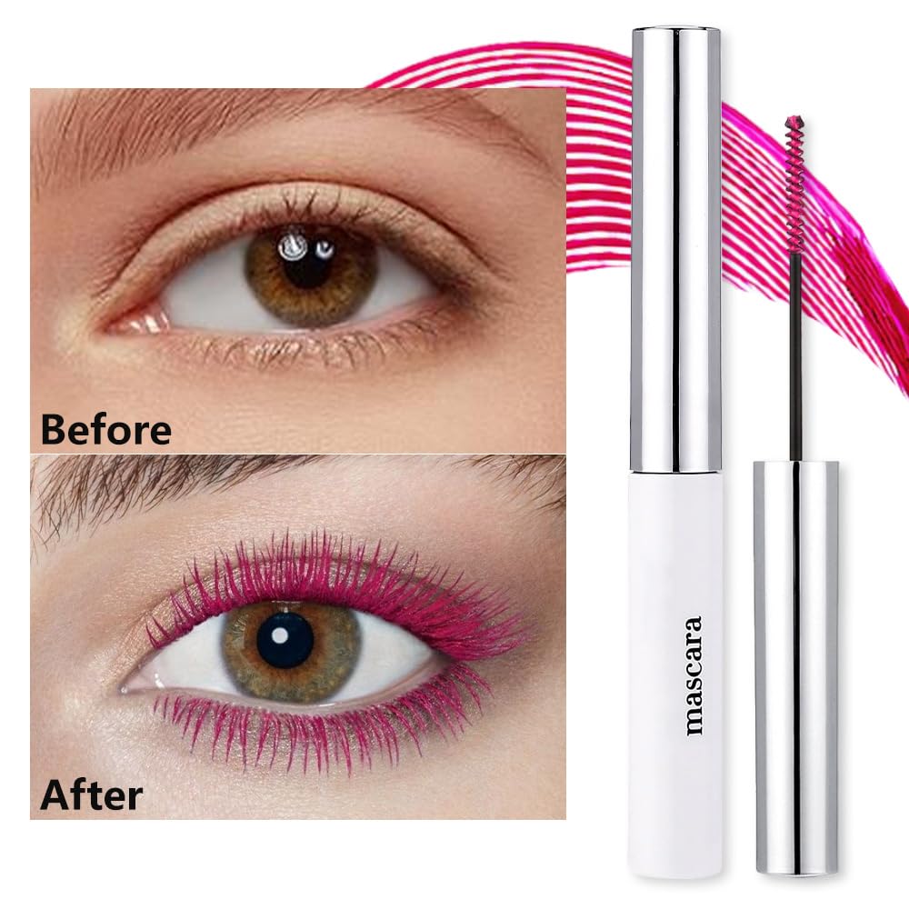 Colored Mascara for Eyelashes, Voluminous Colorful Mascara, Pink Purple Blue Green Red White Black Brown Lash Pack - Lengthening, Defining, Curling, Multiplying Formula (06#-Rose Pink)