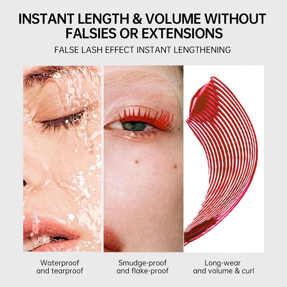 Colored Mascara for Eyelashes, Voluminous Colorful Mascara, Pink Purple Blue Green Red White Black Brown Lash Pack - Lengthening, Defining, Curling, Multiplying Formula (07#-Red)