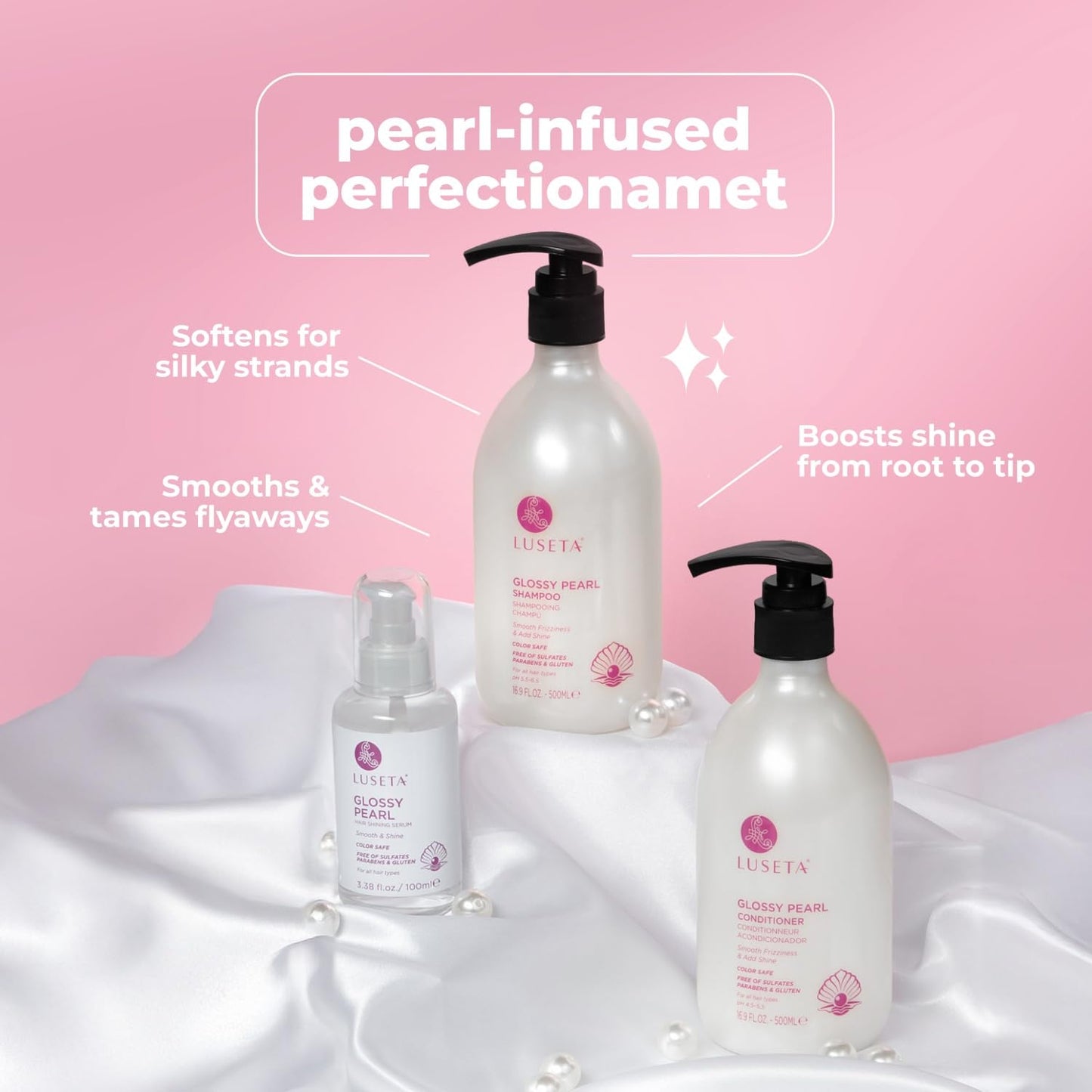 Luseta Glossy Pearl Trio Hair Care Set Smoothing & Moisturizing Shampoo and Conditioner Hydrating Hair Oil Detangle,Nourish Strands Add Shine