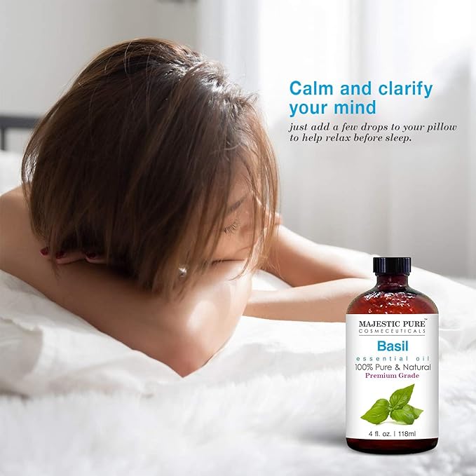 MAJESTIC PURE Basil Essential Oil | 100% Pure and Natural Basil Oil | Premium Grade Essential Oils for Hair Care, Home Diffusers, Skin, Aromatherapy, Massage and Humidifiers | 4 Fl Oz