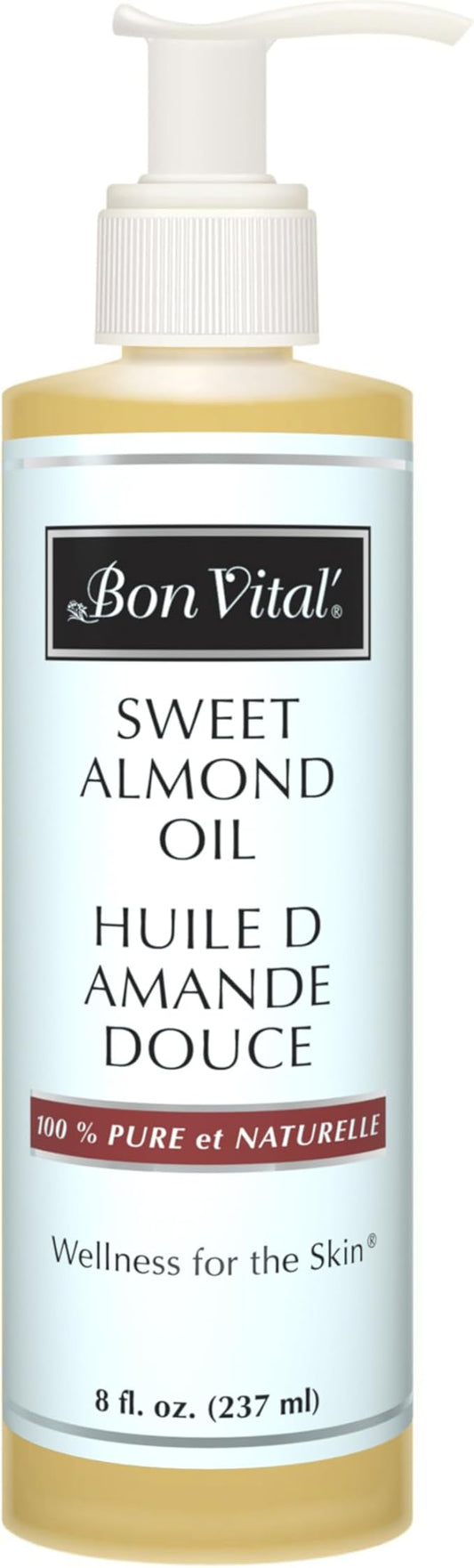 Bon Vital' Sweet Almond Oil Skin & Hair Moisturizer & Gentle Massage Oil, Carrier Oil for Diffusers, Improve Hair Texture and Hydrate Skin, 100% Pure Massage Therapy Oil, 8 Ounce Bottle