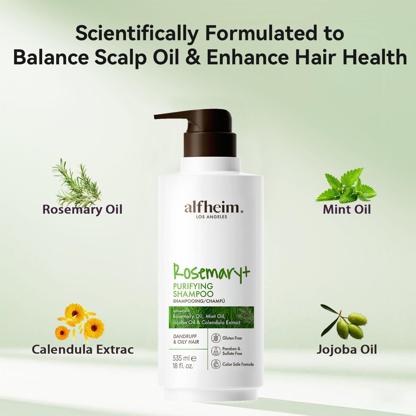 ALFHEIM Rosemary+ Purifying Shampoo – Clarifying Cleanse for Oily & Fine Hair with Rosemary, Peppermint & Jojoba Oils – Deep Scalp Refresh, Lightweight Volume – Vegan, Sulfate Free – 18 oz / 535 ml